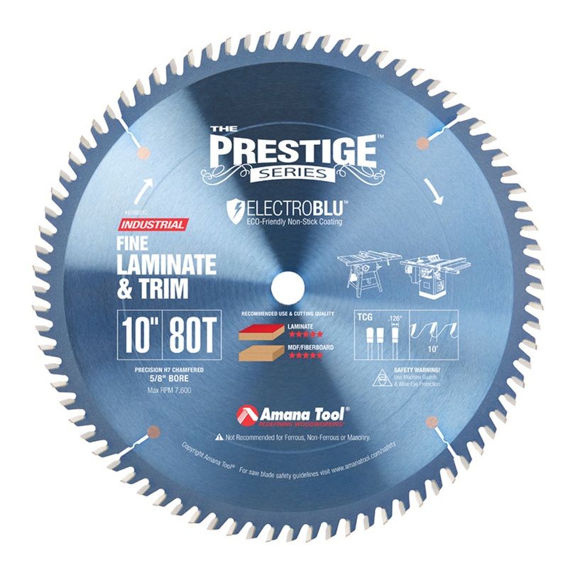Amana Fine Crosscut Circular Saw Blade with Electro-Blu Coating 10 Inch x 80T TCG+R with 5/8 Inch Bore 610801C