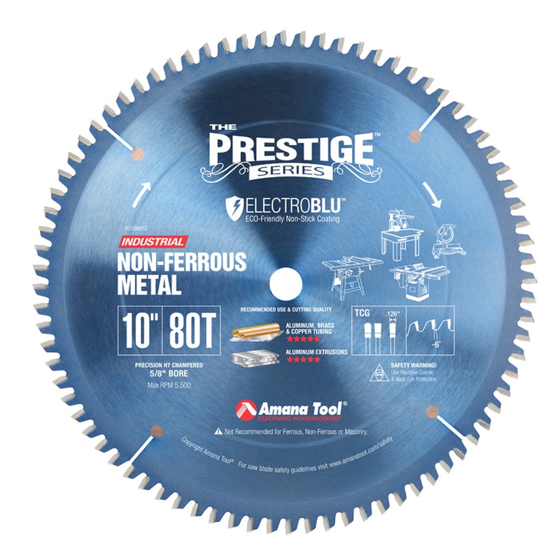 Amana Non-Ferrous Metal Circular Saw Blade with Electro-Blu Coating 10 inch x 80T TCG with 5/8 Inch Bore 510801C
