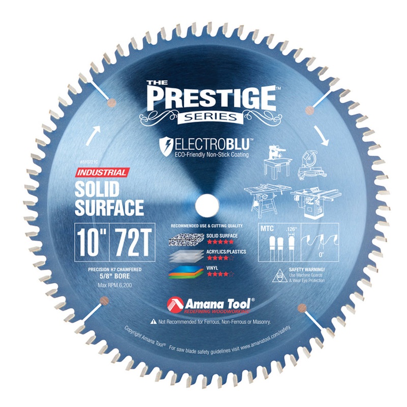 Amana Solid Surface Circular Saw Blade with Electro-Blu Coating 10 Inch x 72T MTCG with 5/8 Inch Bore 610721C