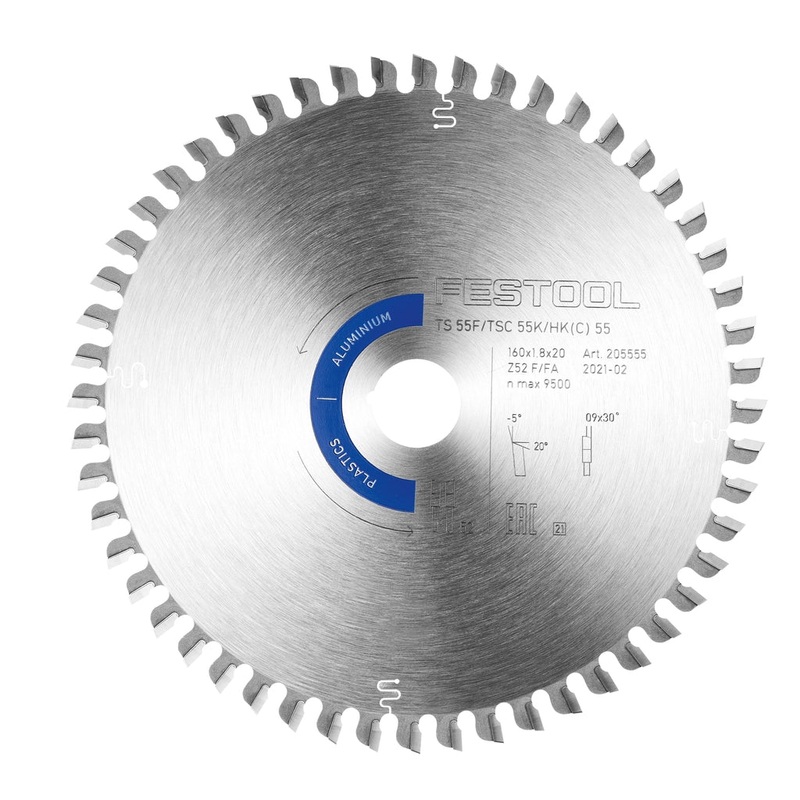 Festool Aluminum and Plastic Circular Saw Blade 160mm x 52T Modified ATB with 20mm Bore 205563