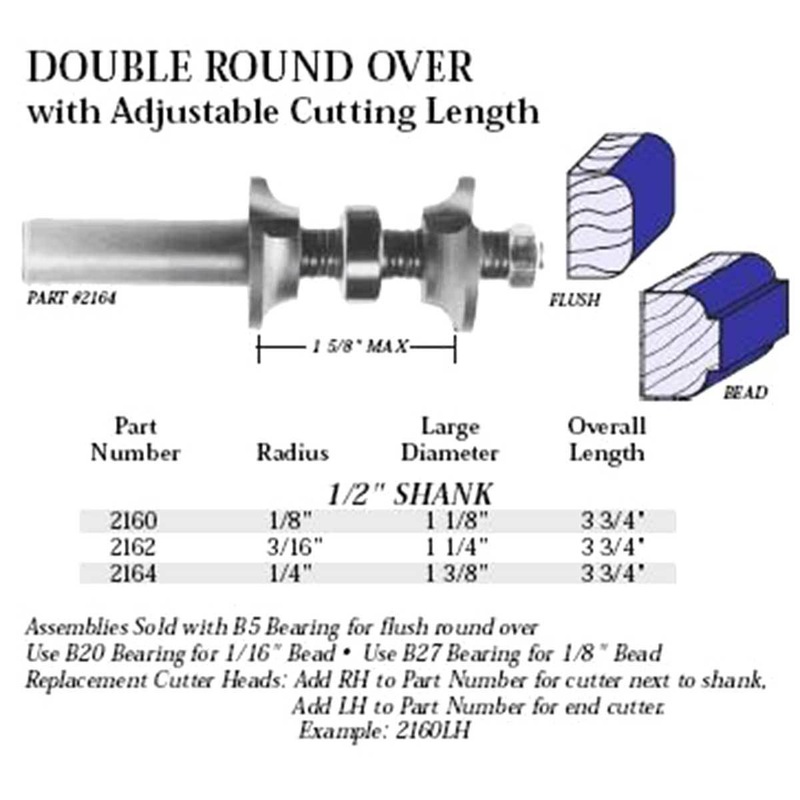 Whiteside Adjustable Double Roundover Router Bit with Centre Ball Bearing 2162