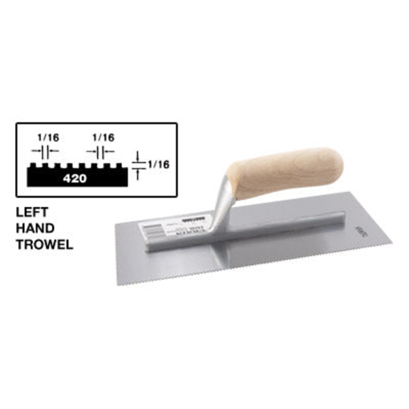 Crain Tools No. 420L Trowel 1/16 x 1/16 x 1/16 Square Notch, Left